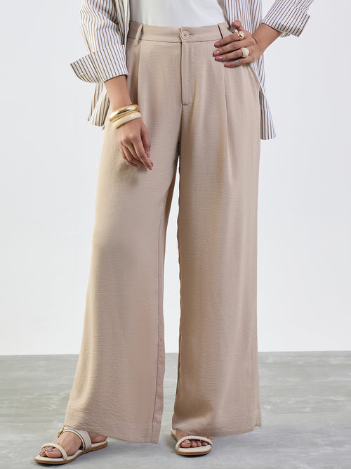 Beige Darted Wide Leg Trousers