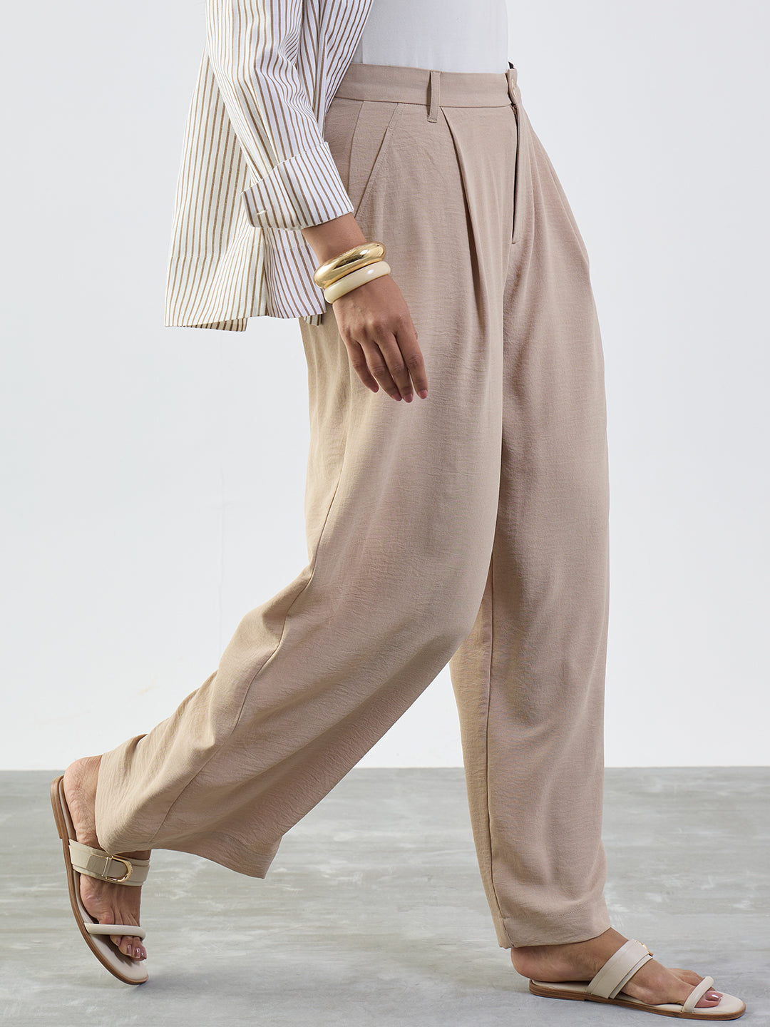 Beige Darted Wide Leg Trousers