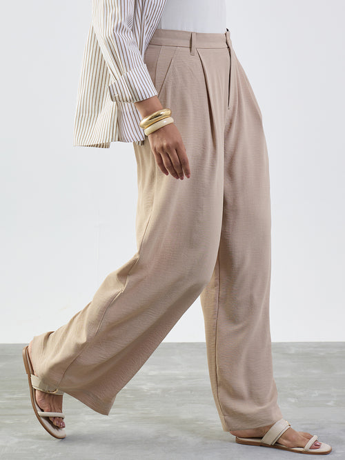 Beige Darted Wide Leg Trousers