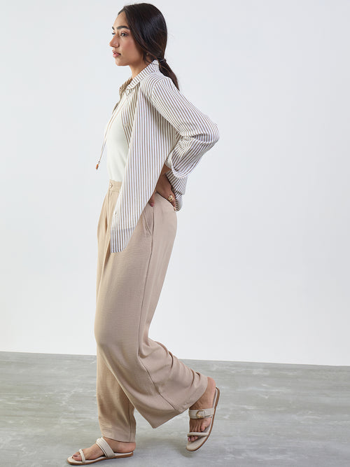 Beige Darted Wide Leg Trousers