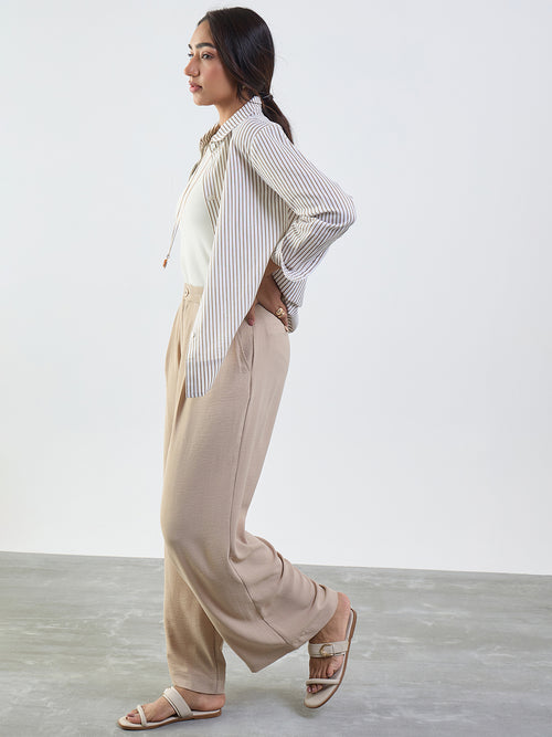 Beige Darted Wide Leg Trousers