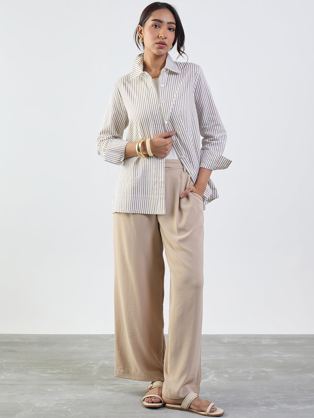 Beige Darted Wide Leg Trousers