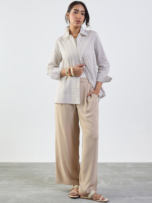 Beige Darted Wide Leg Trousers