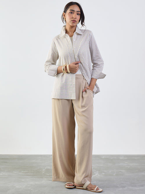 Beige Darted Wide Leg Trousers