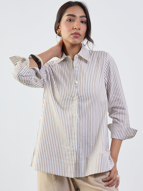 Brown Stripe Cotton Linen A-Line Shirt
