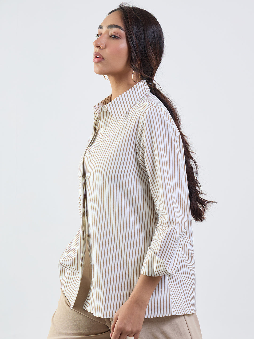 Brown Stripe Cotton Linen A-Line Shirt