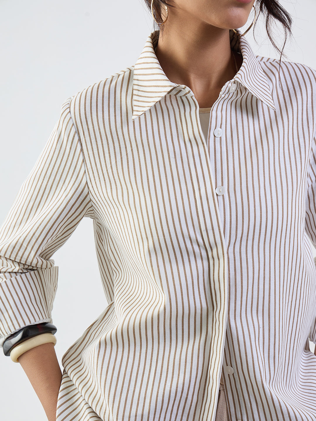 Brown Stripe Cotton Linen A-Line Shirt