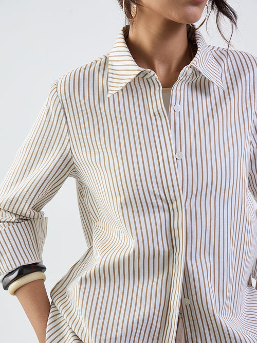 Brown Stripe Cotton Linen A-Line Shirt