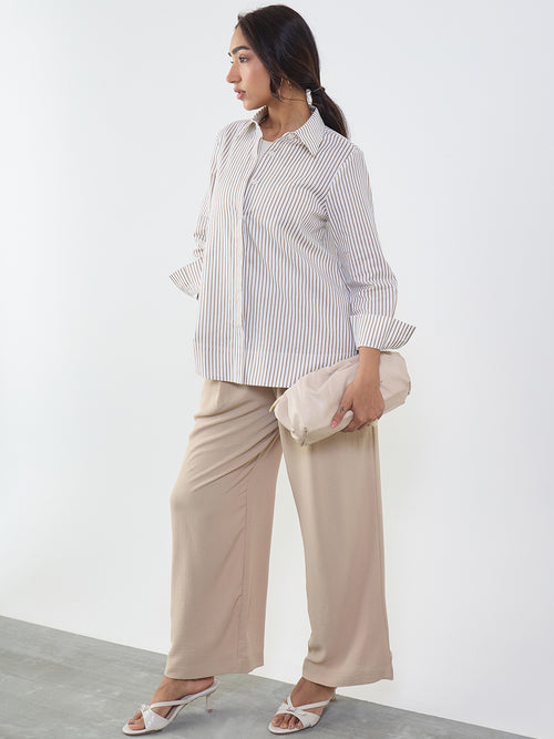 Brown Stripe Cotton Linen A-Line Shirt