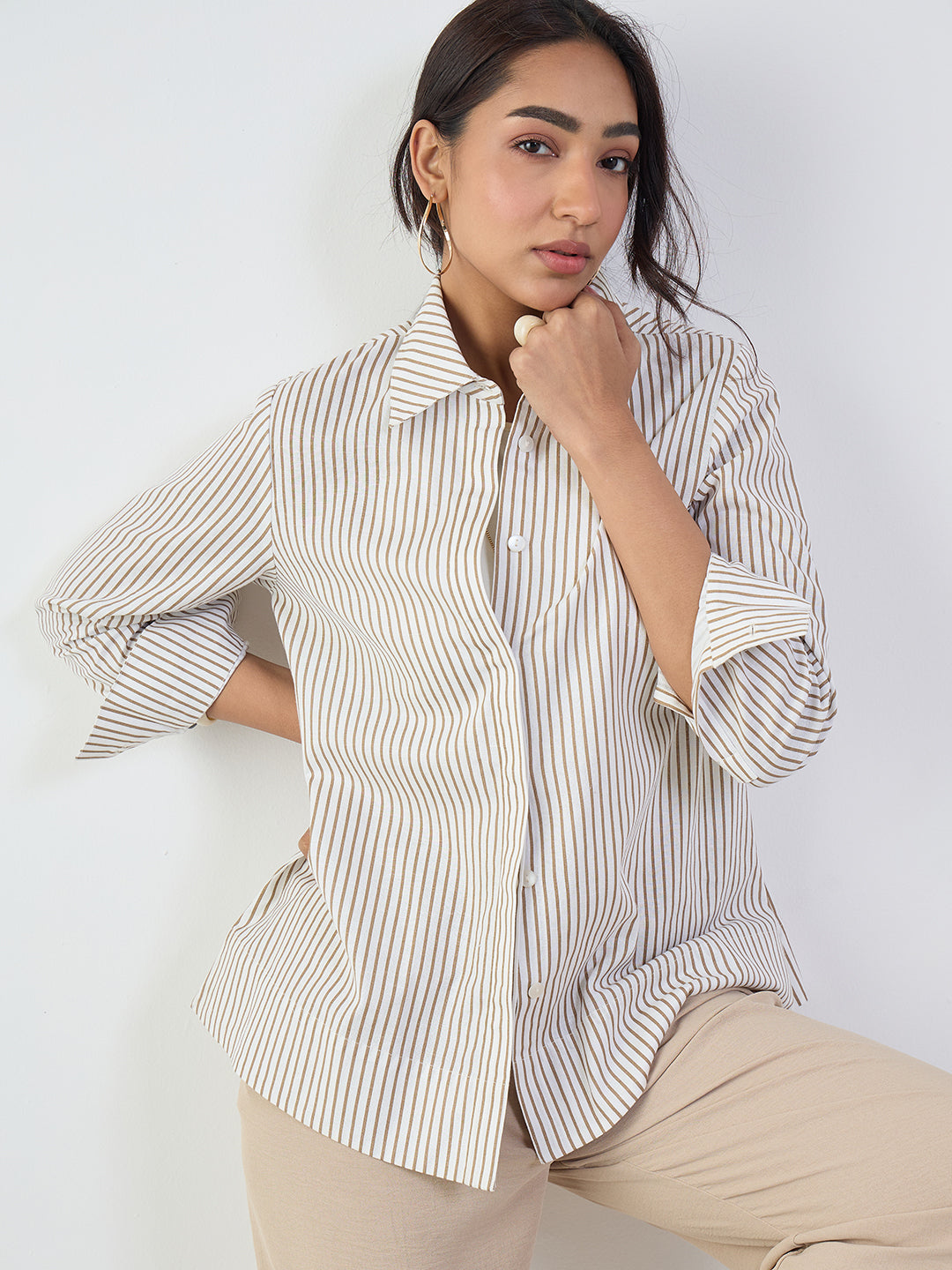 Brown Stripe Cotton Linen A-Line Shirt