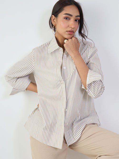 Brown Stripe Cotton Linen A-Line Shirt