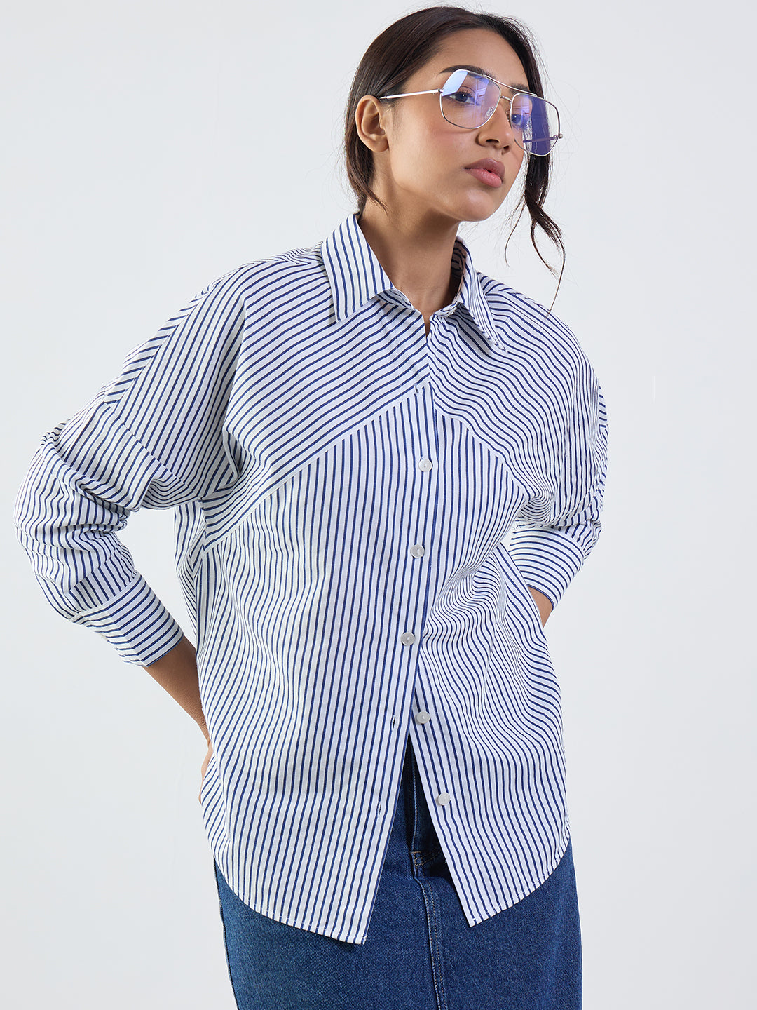 Navy Stripe Cotton Linen Oversized Shirt