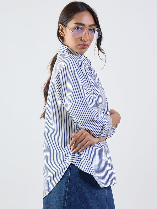 Navy Stripe Cotton Linen Oversized Shirt