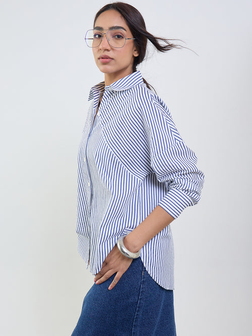 Navy Stripe Cotton Linen Oversized Shirt