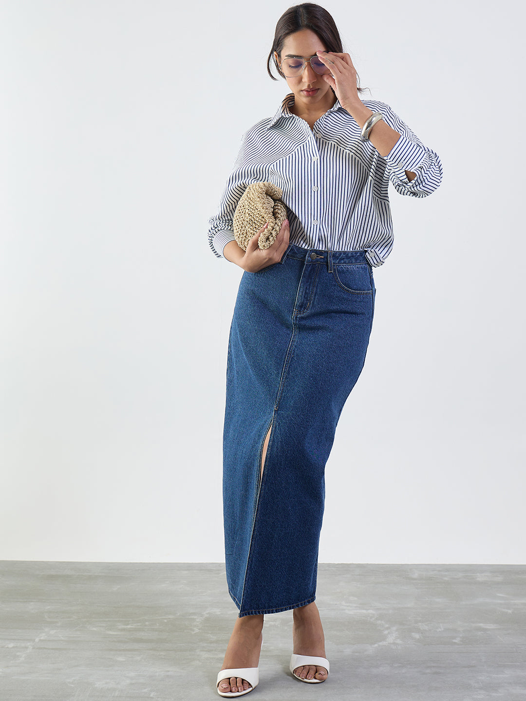 Navy Stripe Cotton Linen Oversized Shirt