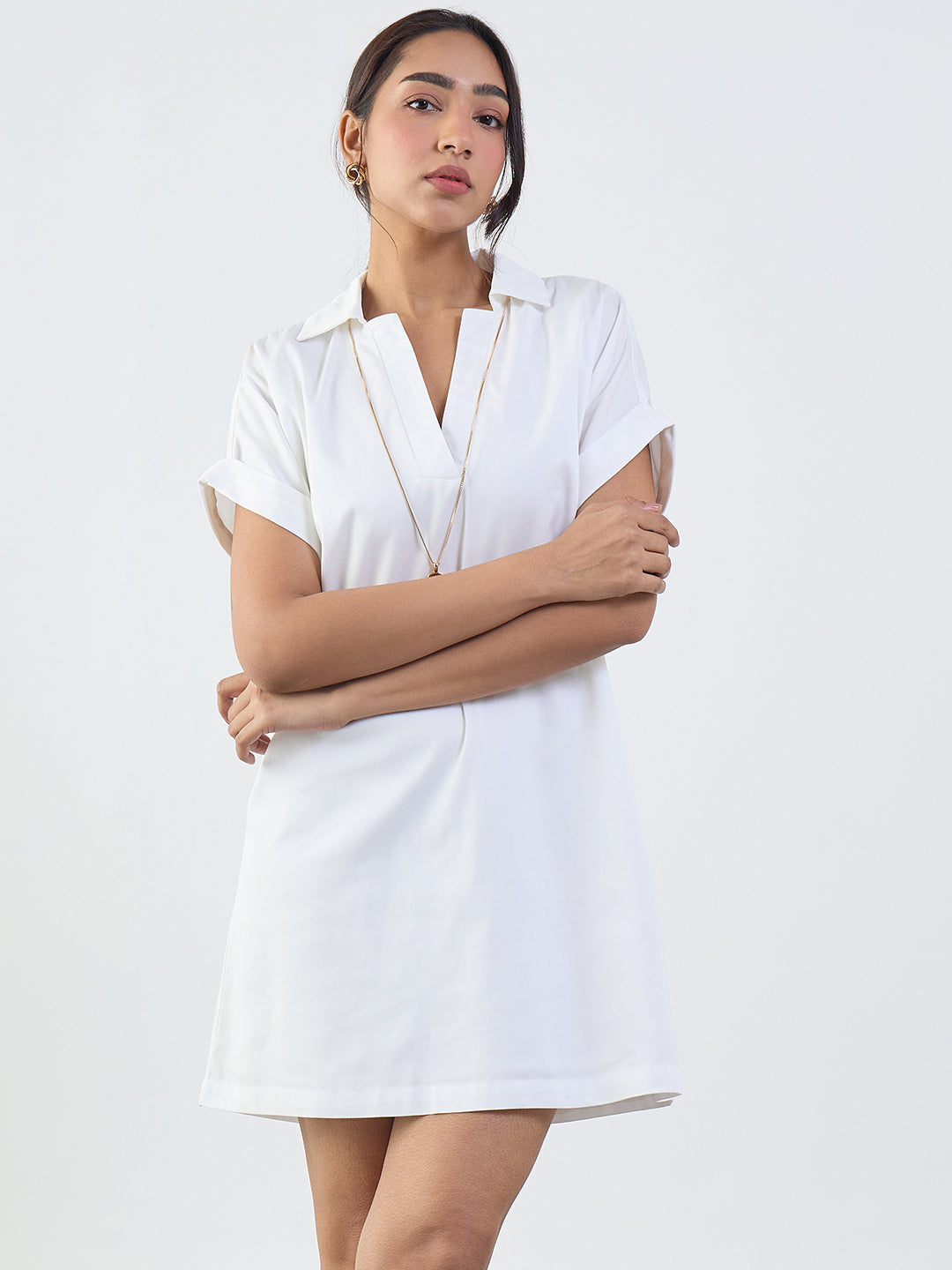White Cotton Collared Mini Dress