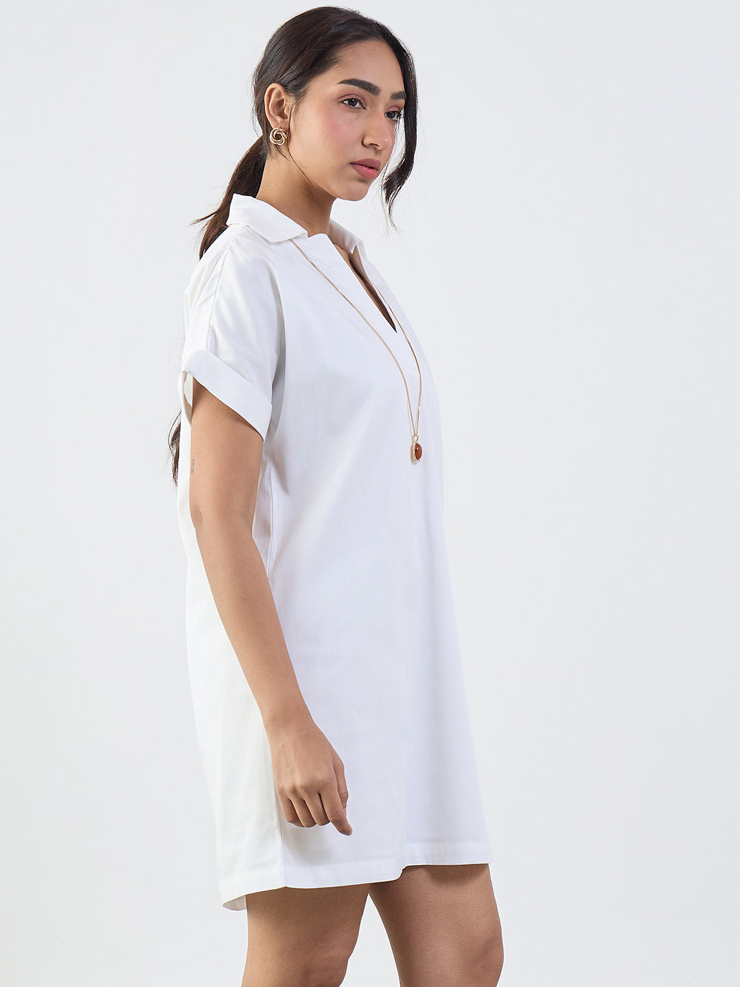 White Cotton Collared Mini Dress
