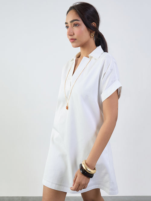 White Cotton Collared Mini Dress