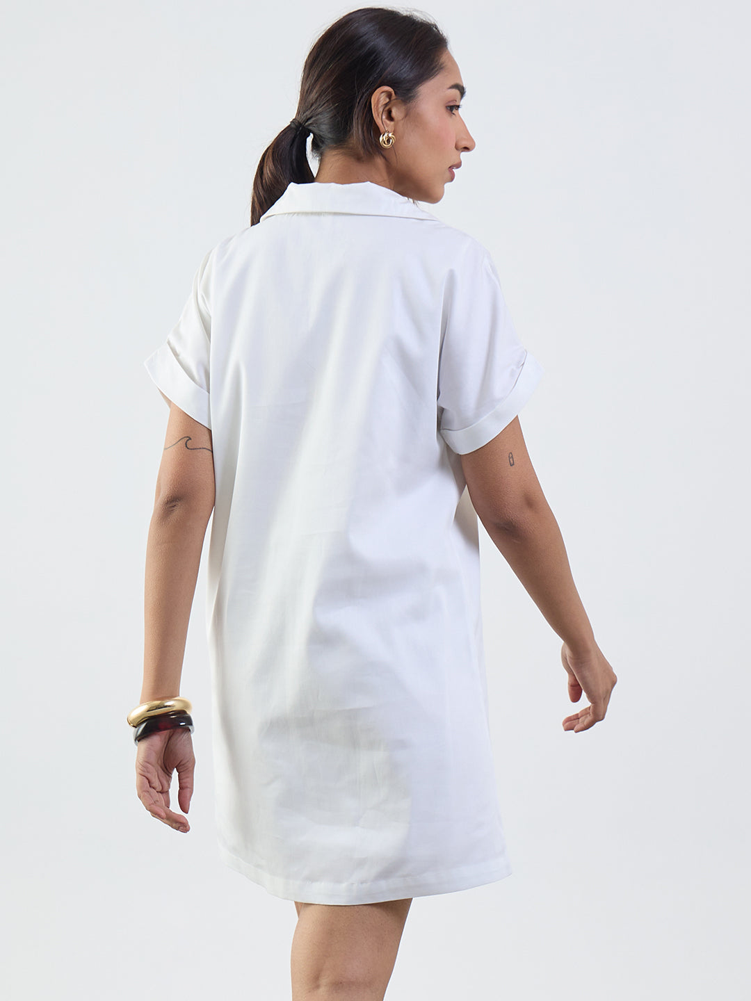 White Cotton Collared Mini Dress
