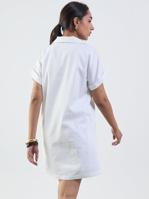White Cotton Collared Mini Dress