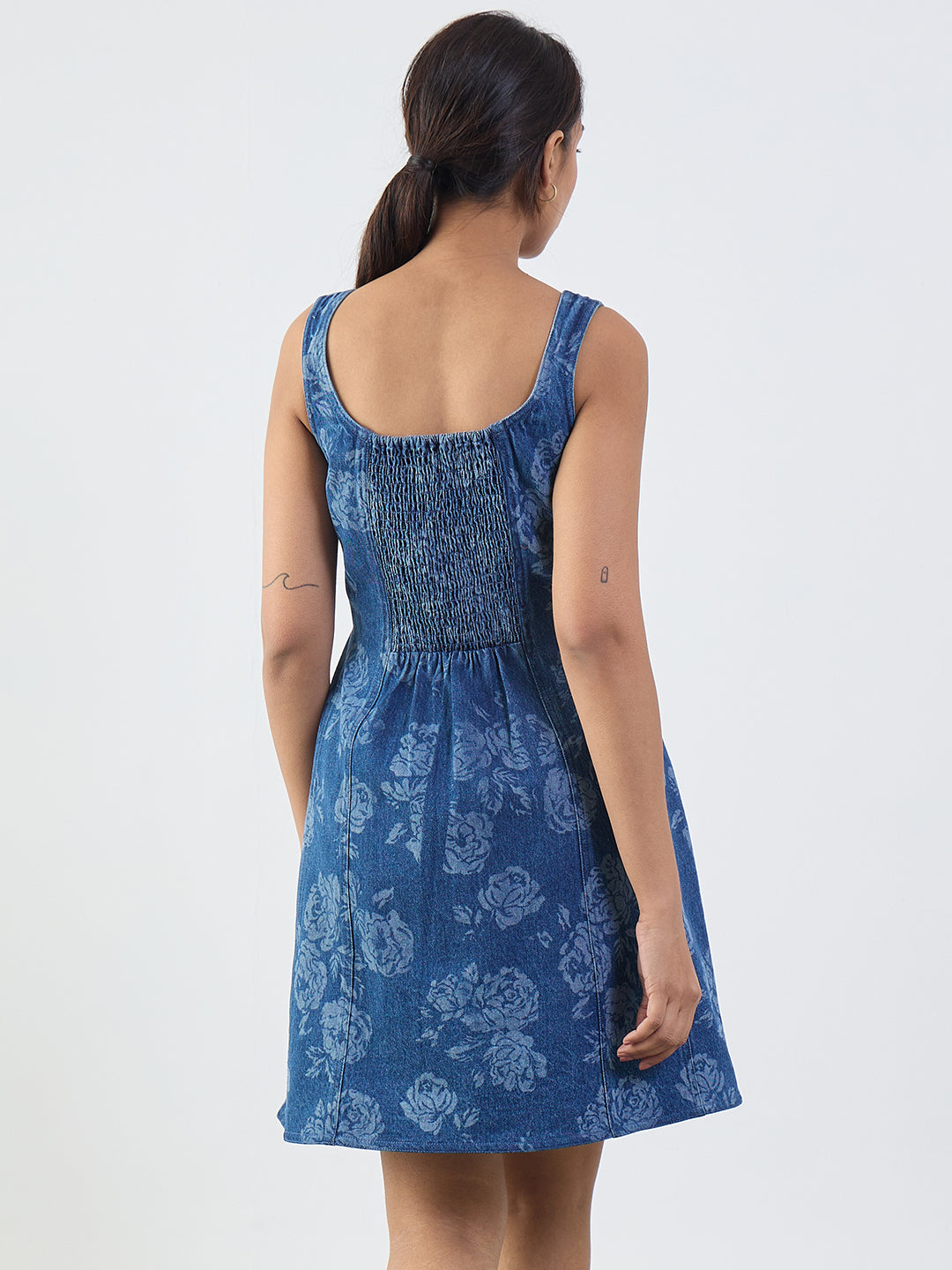 Dark Blue Floral Print Denim Mini Dress