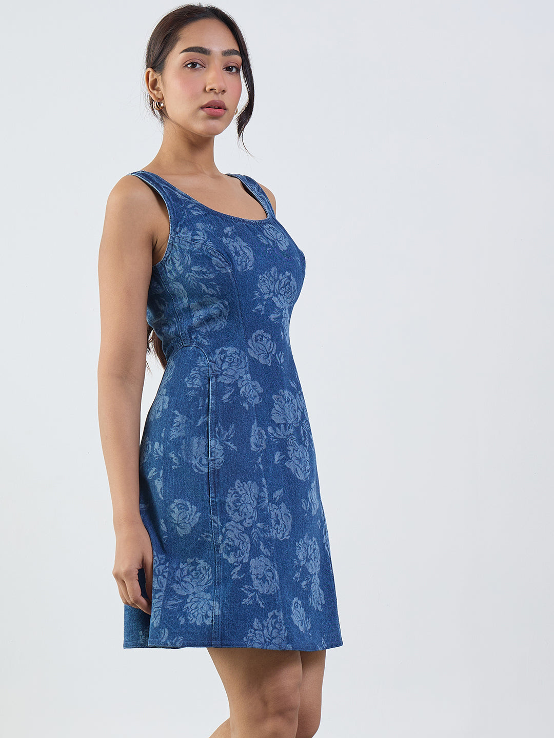 Dark Blue Floral Print Denim Mini Dress