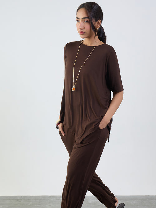 Bamboo Brown Knit Asymmetrical Co-Ord