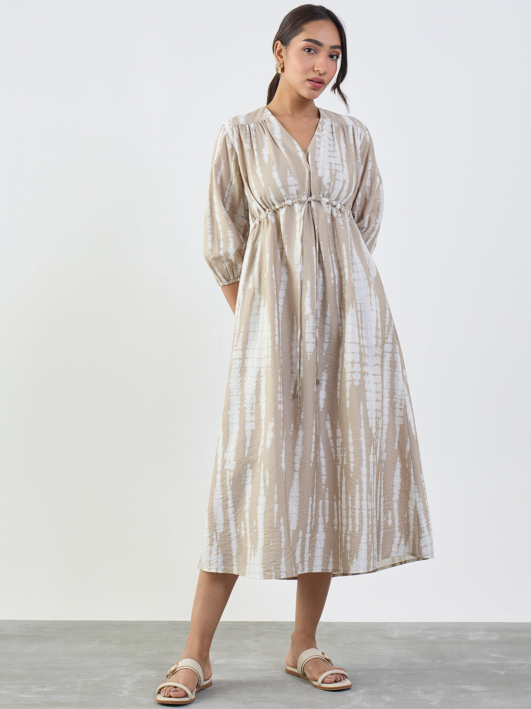 beige ruched midi dress Beige Abstract Ruched Detail Midi Dress