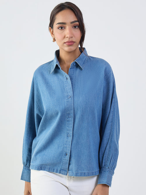 Mid Blue Denim Kimono Sleeves Shirt