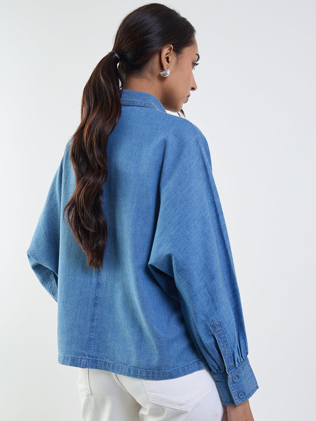 Mid Blue Denim Kimono Sleeves Shirt