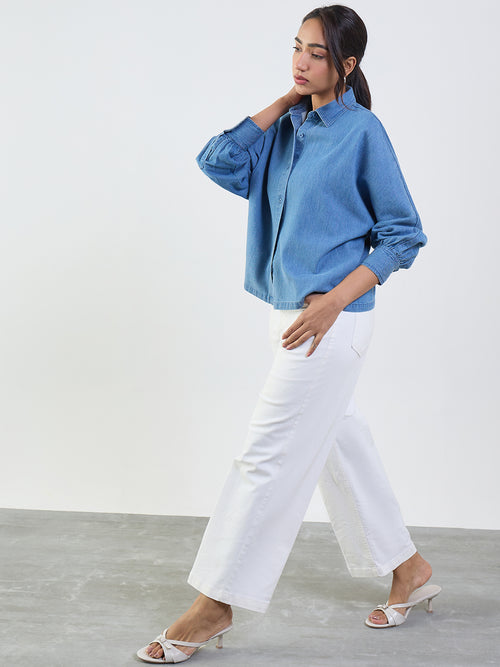 Mid Blue Denim Kimono Sleeves Shirt