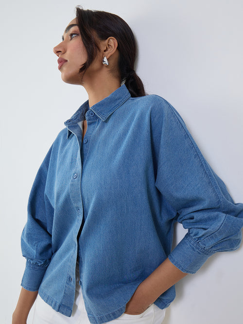 Mid Blue Denim Kimono Sleeves Shirt