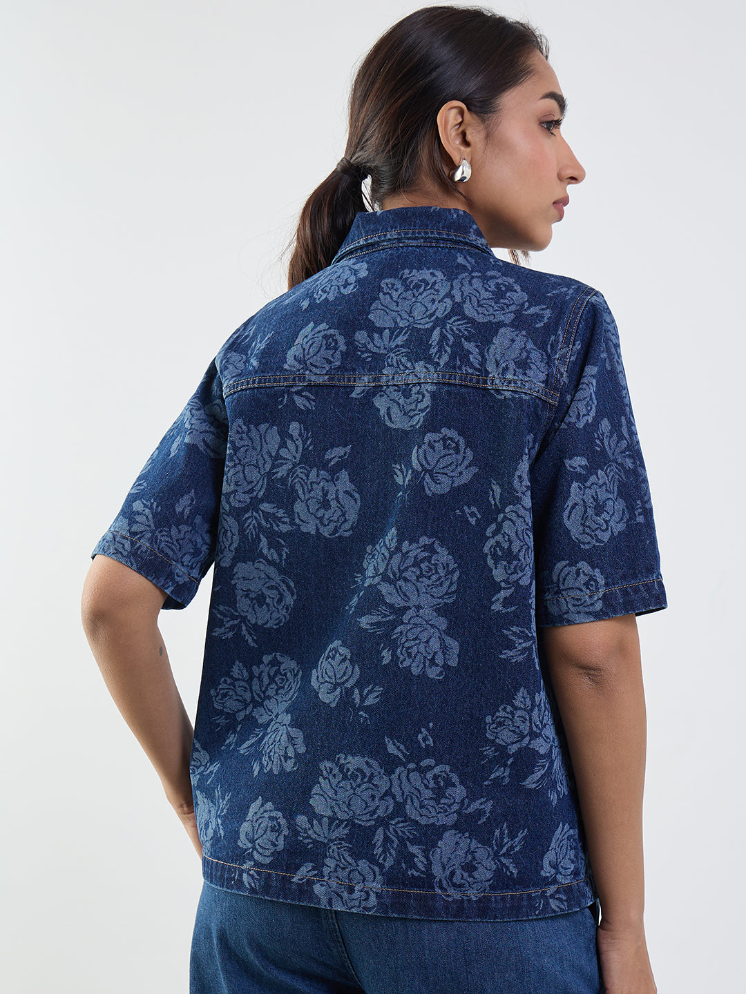 Navy Blue Floral Print Denim Shirt