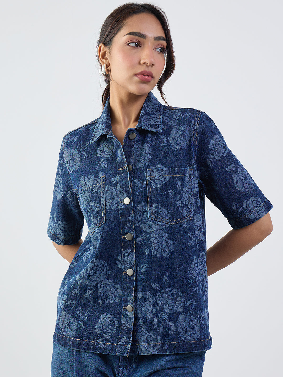 Navy Blue Floral Print Denim Shirt