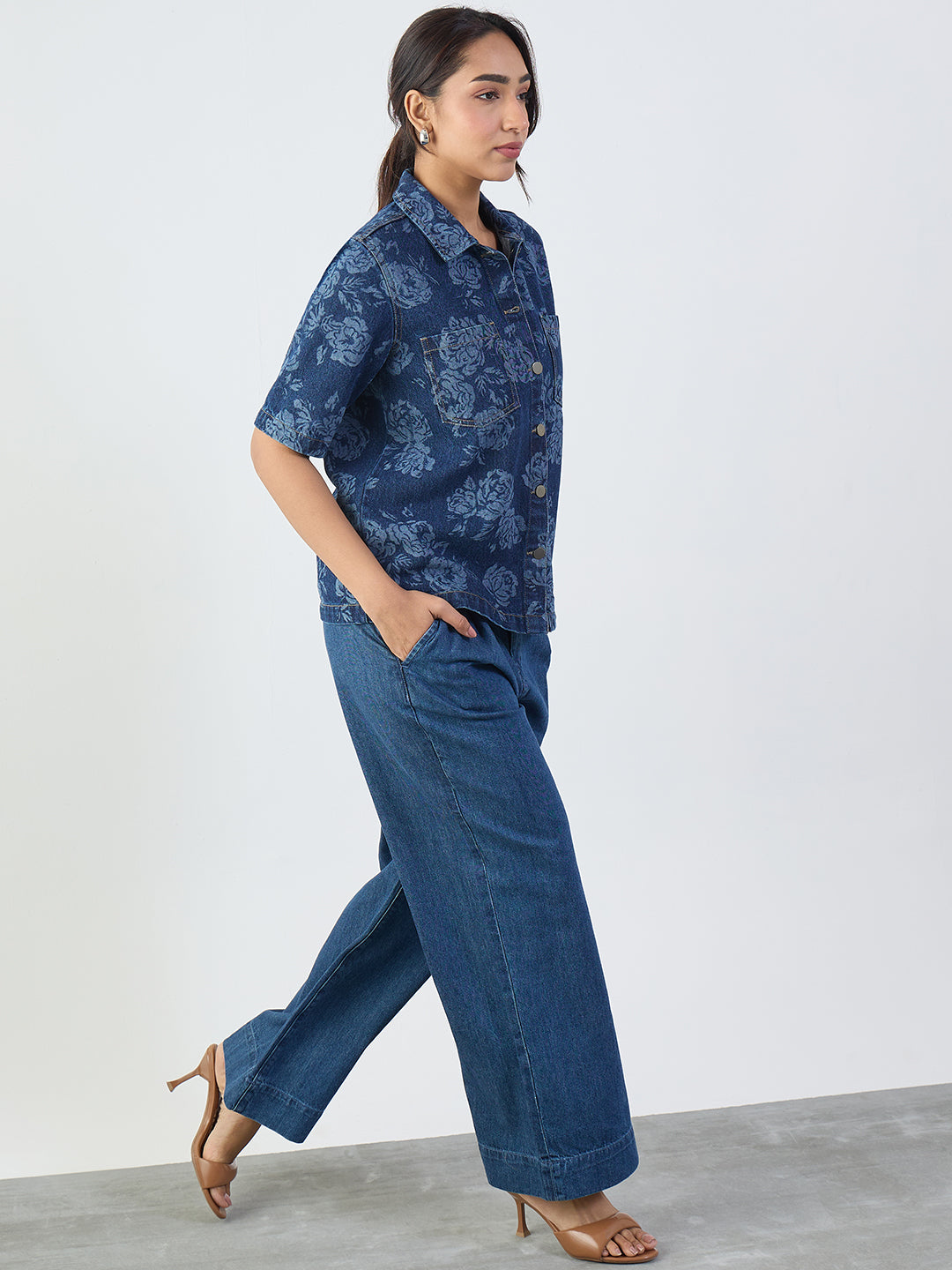 Navy Blue Floral Print Denim Shirt