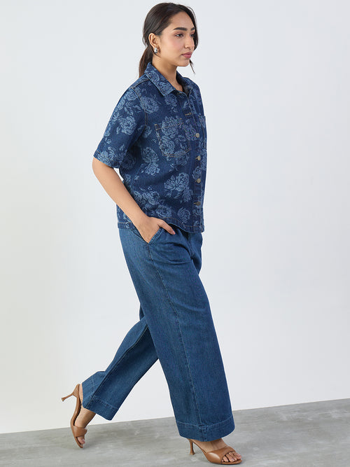 Navy Blue Floral Print Denim Shirt