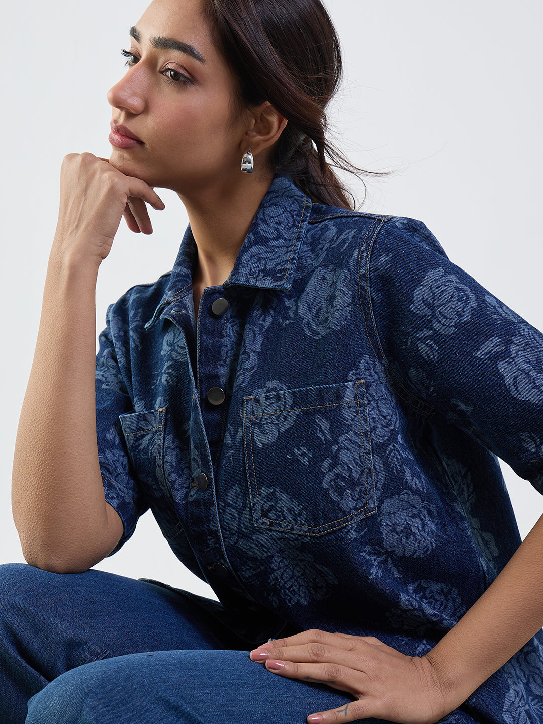 Navy Blue Floral Print Denim Shirt