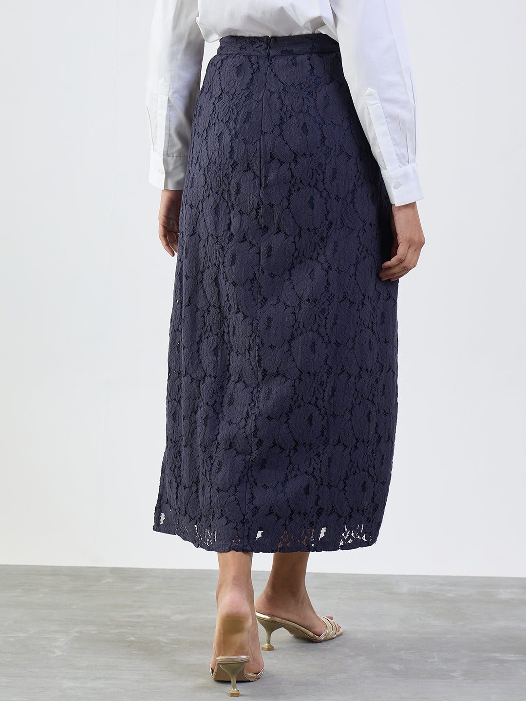 Navy Lace Slit Detail Maxi Skirt