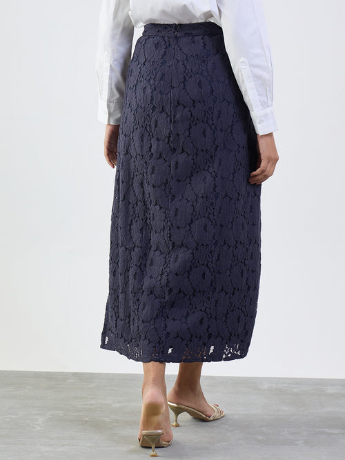 Navy Lace Slit Detail Maxi Skirt