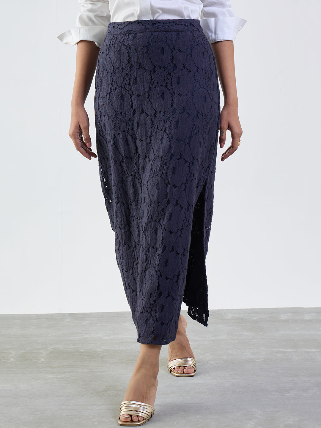 Navy Lace Slit Detail Maxi Skirt