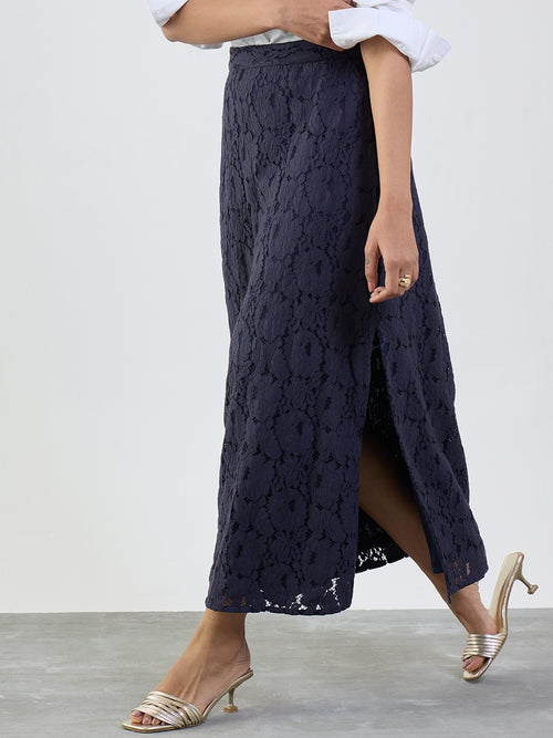 Navy Lace Slit Detail Maxi Skirt