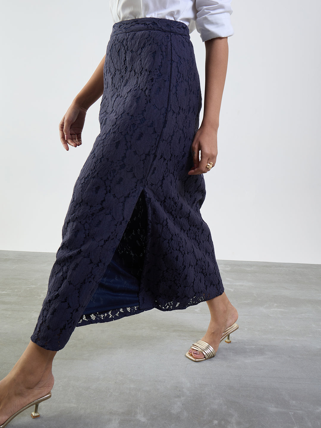 Navy Lace Slit Detail Maxi Skirt