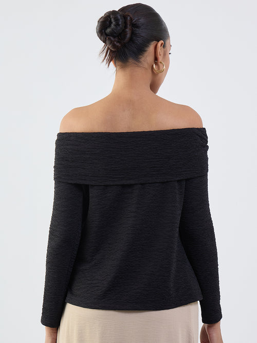Black Textured Off-Shoulder Top