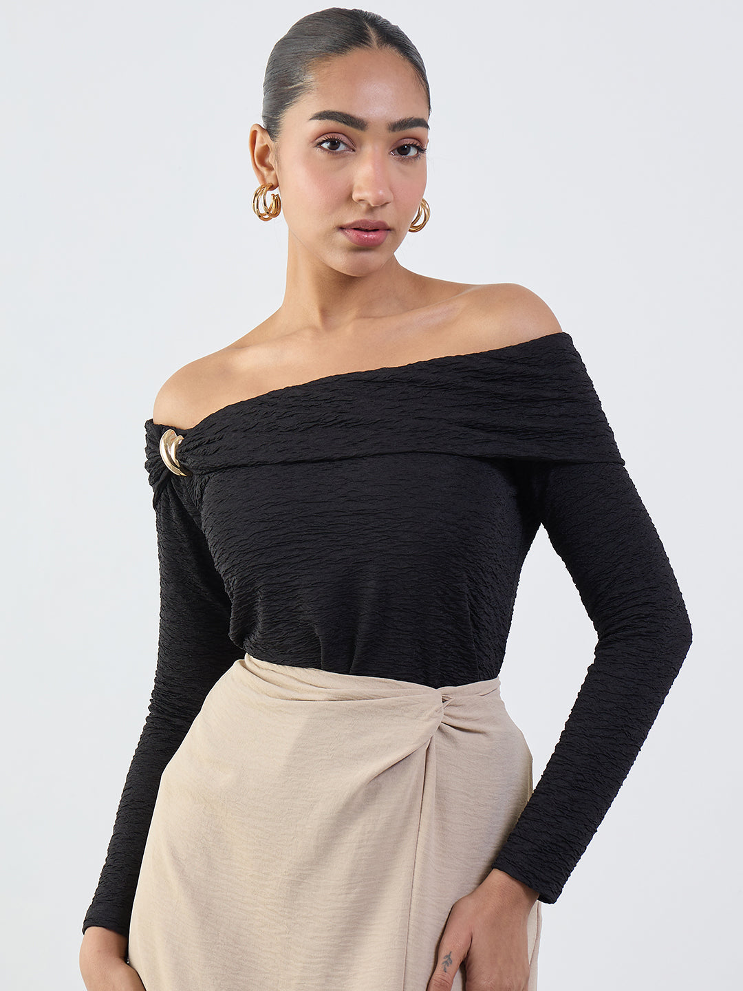 Black Textured Off-Shoulder Top