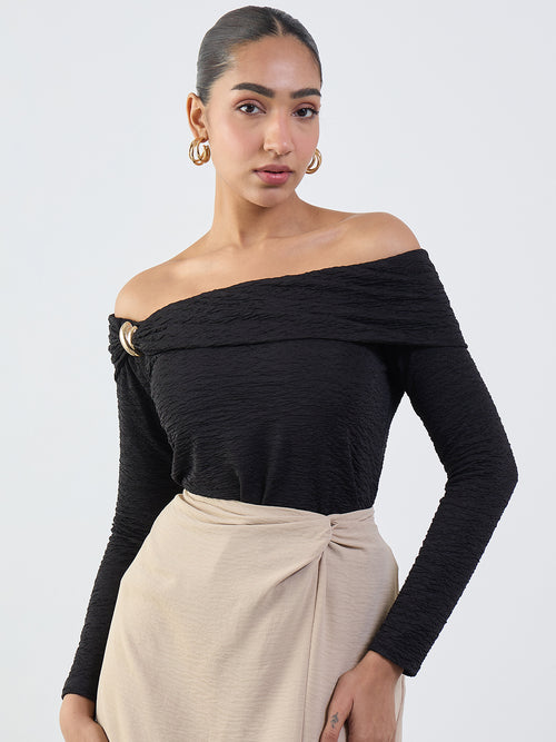 Black Textured Off-Shoulder Top