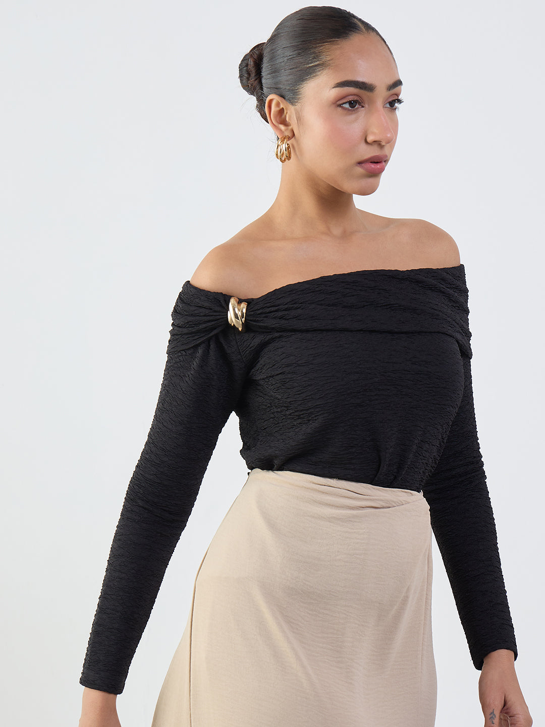 Black Textured Off-Shoulder Top