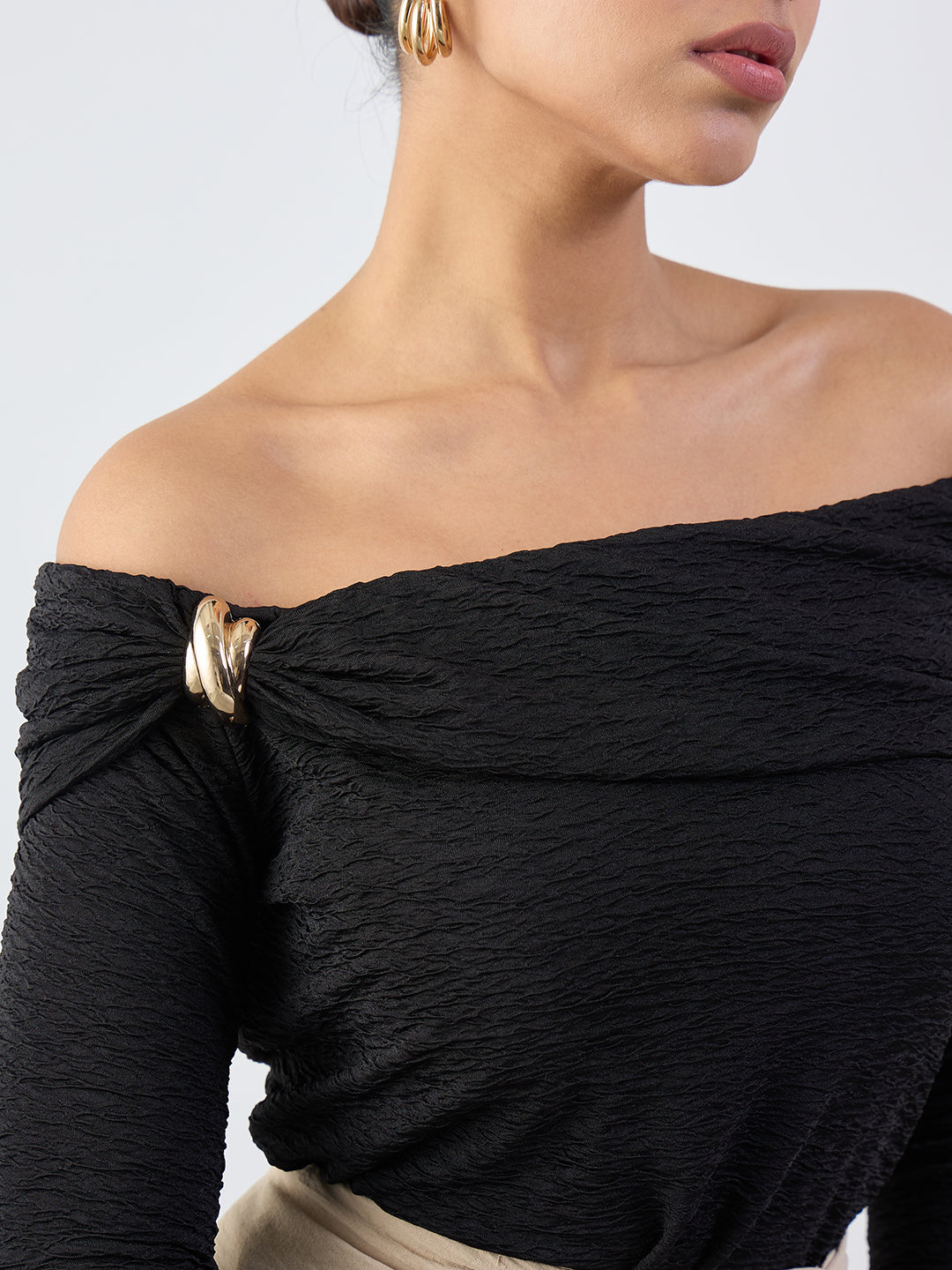 Black Textured Off-Shoulder Top