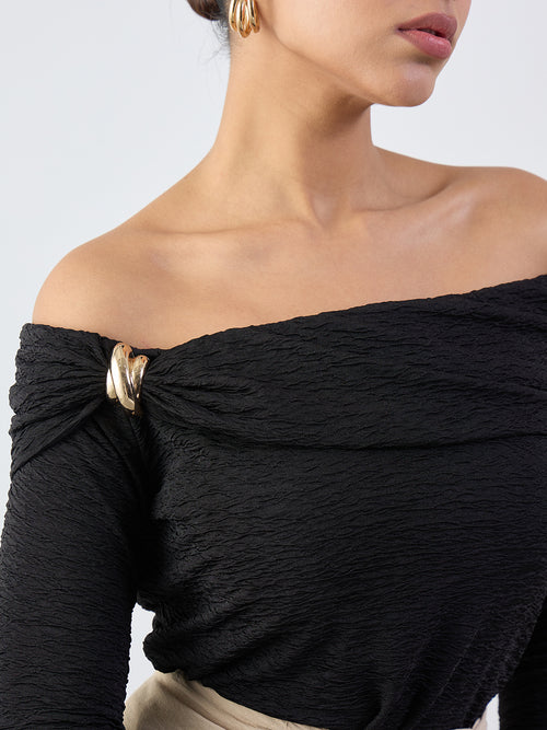 Black Textured Off-Shoulder Top