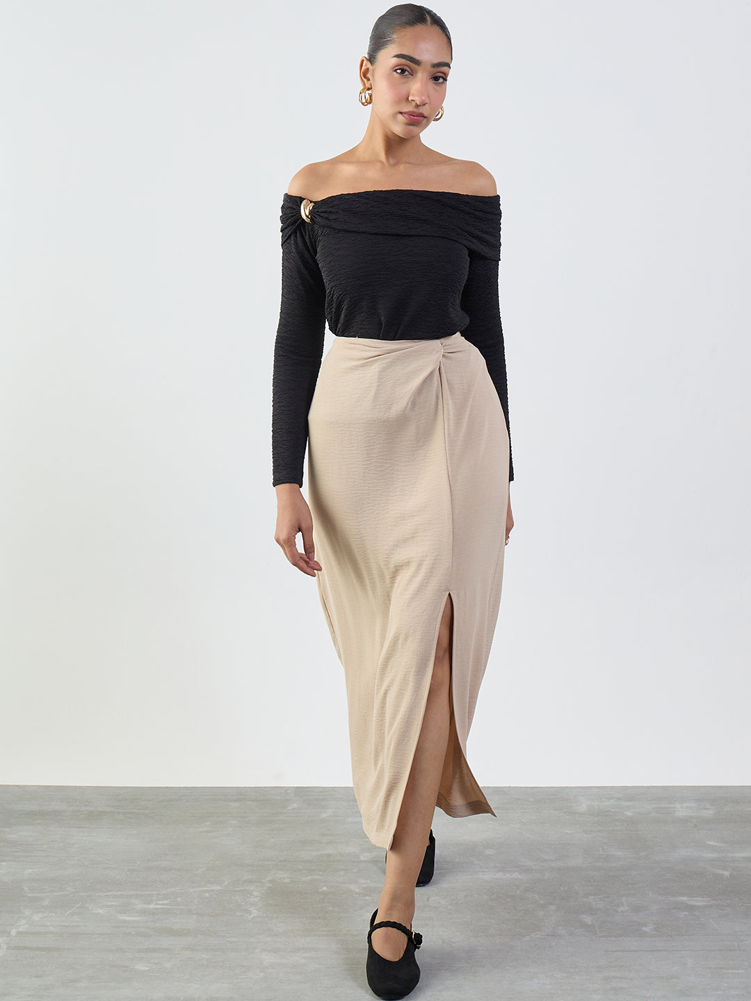 Black Textured Off-Shoulder Top