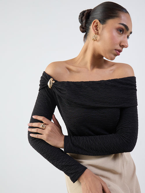 Black Textured Off-Shoulder Top